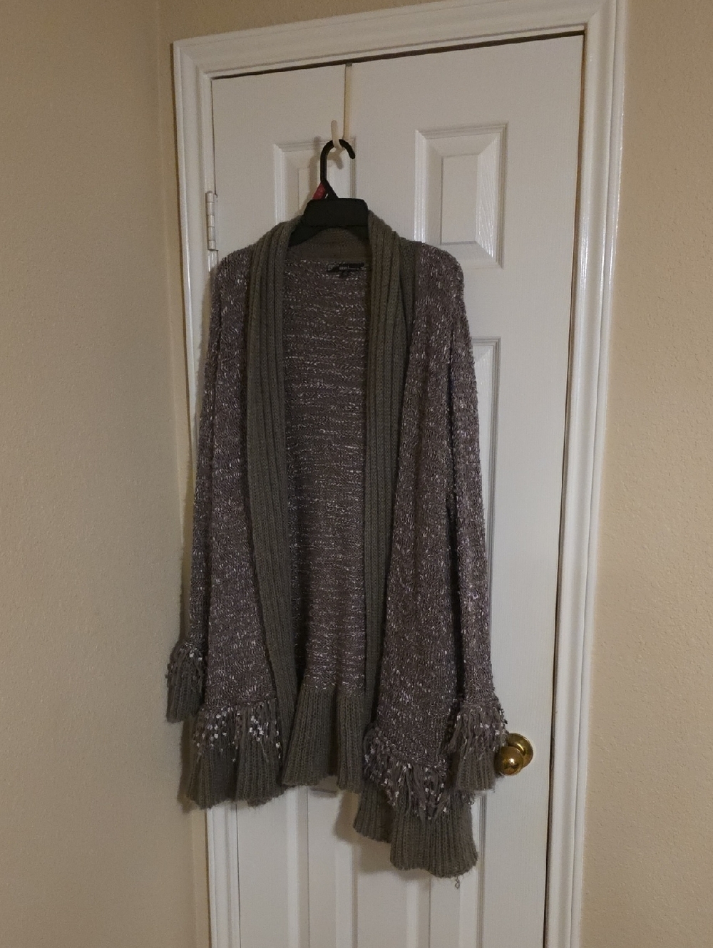Sioni Gray-Taupe Fringe Open Front Knit Cardigan